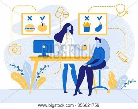 Cartoon Nutritionist Doctor With Apple Fruit In Hand Consult Patient Vector Illustration. Healthy Ve