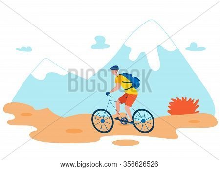 Backpacker Riding Bicycle Flat Vector Character. Tourist On Bike In Wilderness Area, Enjoying Nature