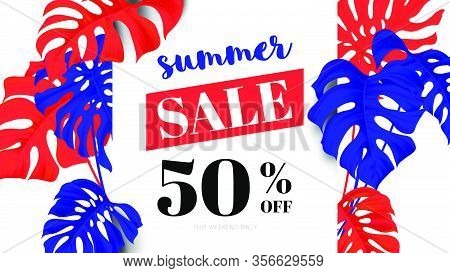 Botanical Summer Sale Banner Template Design, Split-leaf Philodendron Plant, Blue And Red Tones