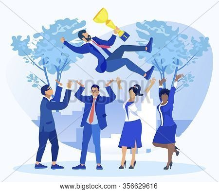 Business Team Of Four Office Workers, Dressed Smart, Celebrating Victory, Throwing Their Leader With