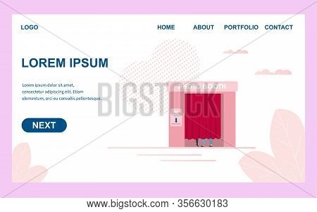 Flat Landing Page Advertising Photo Booth Service. Cabin For Taking Pictures. Webpage With Editable 