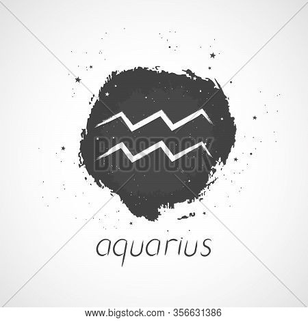 Vector Illustration With Hand Drawn Zodiac Sign Aquarius On A Grunge Ink Background. Monochrome.