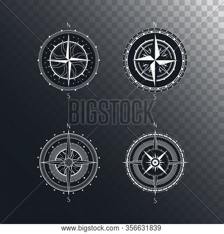 Vector Set Of Vintage Compasses Or Marine Wind Roses. Collection In Line Art Style. Isolated On Dark