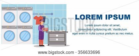Laundry Business Banner. Professional Washing Clothes Service In Hotel. Cartoon Female Worker In Roo