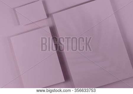 Mosk Up. Abstract Pink Paper Background. Three Cards Of Different Sizes On A Paper Background. Shado