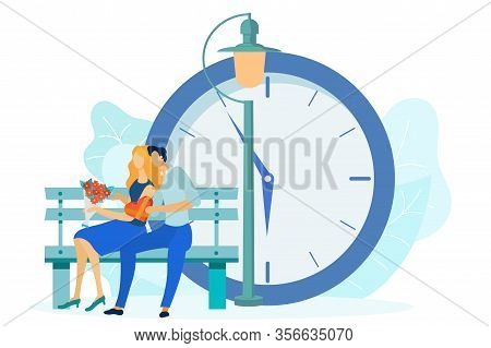 Man And Woman Characters On First Date In Park With Big Clock On Backgrounf Flat Cartoon Vector Illu