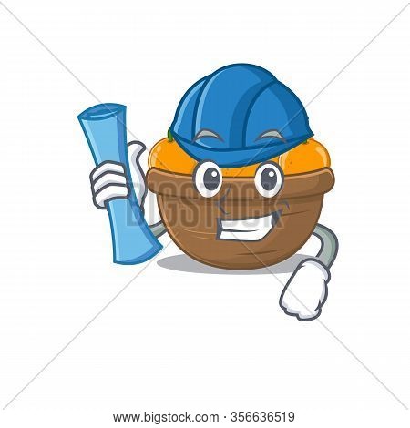 Smiling Architect Of Orange Fruit Basket Having Blue Prints And Blue Helmet