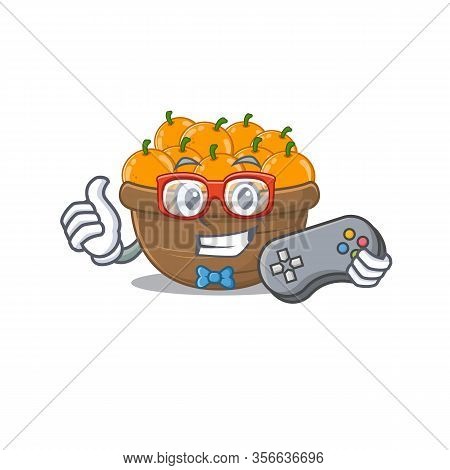 Cool Gamer Of Orange Fruit Basket Mascot Design Style With Controller