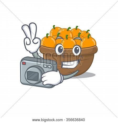 Orange Fruit Basket Mascot Design As A Professional Photographer With A Camera