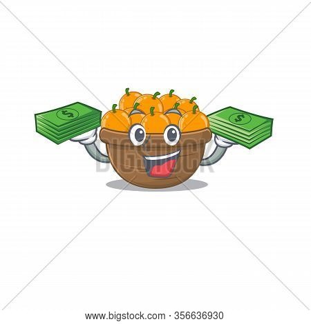 Happy Face Orange Fruit Basket Character Having Money On Hands