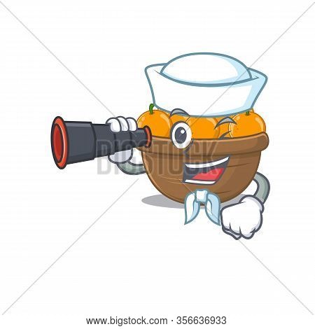 Orange Fruit Basket In Sailor Cartoon Character Design With Binocular