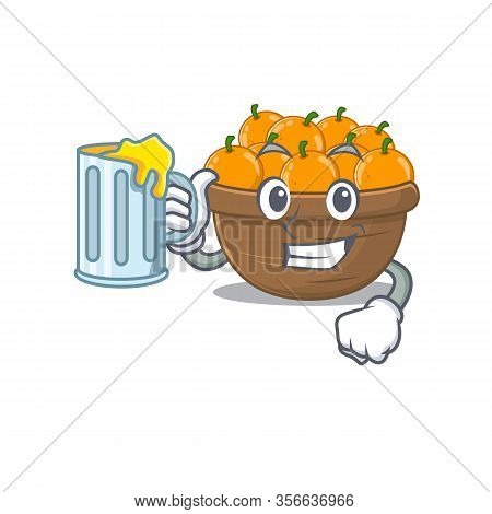 Cheerful Orange Fruit Basket Mascot Design With A Glass Of Beer