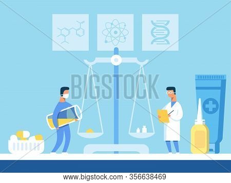 Scientist In Protective Mask Weighing Powder Component For New Pills On Scales. Boss Chief Doctor Ma