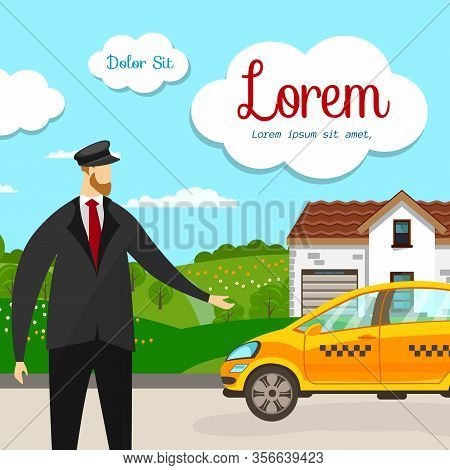 Taxi Driver Stand At Yellow Car In Front Of House Building In Countryside. Transport, Transportation