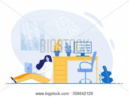 Bright Flyer Tips On Time Management Efficiency. Girl Sitting On Floor In Office And Working On Lapt