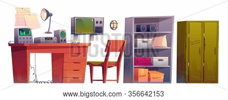 Underground Bunker Control Room Equipment Set, Cartoon Bomb Shelter, Headquarters Base For Survival.