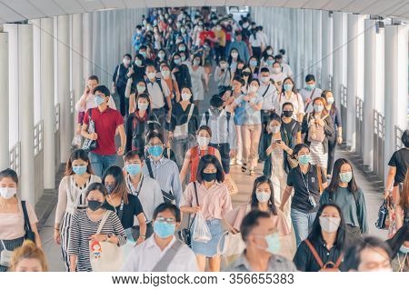 Bangkok City, Thailand : 03/12/2020 : Unidentified People, Crowd Of Thai Wearing Face Mask For Healt