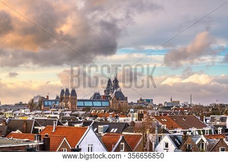 Amsterdam; Netherlands view of the cityscape from De Pijp at dusk.