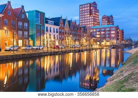 Amersfoort, Netherlands cityscape in the Vathorst district at twilight.