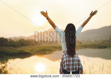 Happy Woman Spreading Arms And Watching The Mountain. Travel Lifestyle Success Concept Adventure Act