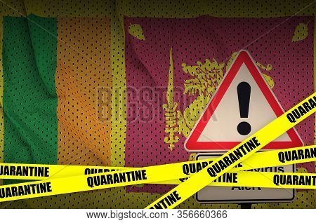 Sri Lanka Flag And Covid-19 Quarantine Yellow Tape. Coronavirus Or 2019-ncov Virus