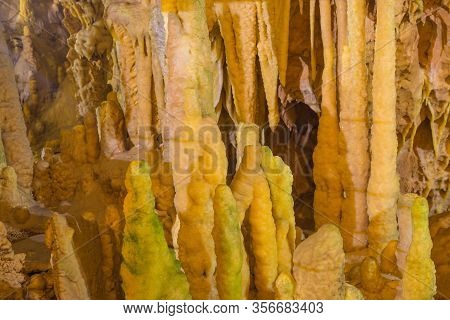 Impressive Formations Of The Stalactites And Stalagmites In Dirou Cave. Greek Destination .natural B