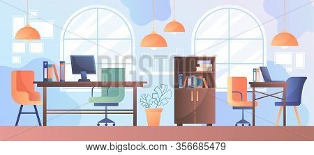 Modern Creative Office Workplaces In Contemporary Co-working Center, Flat Vector Illustrastion