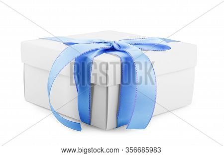 White Square Gift Box With Ribbon And Bow Isolated On Background