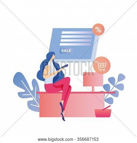 Woman Sitting On Cash Register Desk Using Smartphone Making Online Shopping Searching Discount Elect