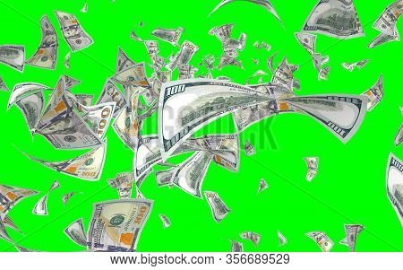 Flying Dollars Banknotes Isolated On Chromakey. Money Is Flying In The Air. 100 Us Banknotes New Sam