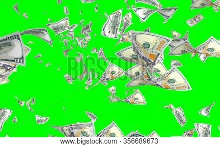 Flying Dollars Banknotes Isolated On Chromakey. Money Is Flying In The Air. 100 Us Banknotes New Sam
