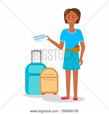 Young Sunburnt Brunette Woman Character Wearing Blue Dress Standing At Suitcases Luggage Isolated On