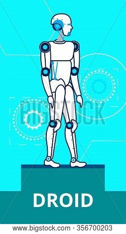 Ai Droid Standing On Stage Flat Poster Template. Cartoon Robot Thin Line Illustration. Steel Humanoi