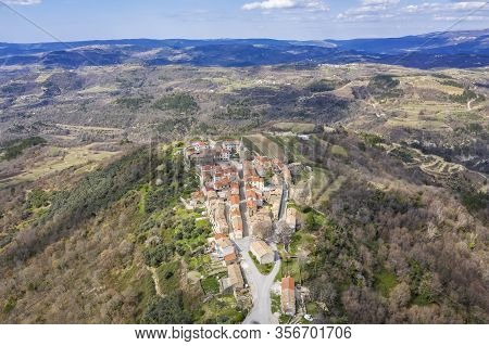 An Aerial View Of Picturesque Village Draguc, On The Doorstep Of Spring,  Istra, Croatia