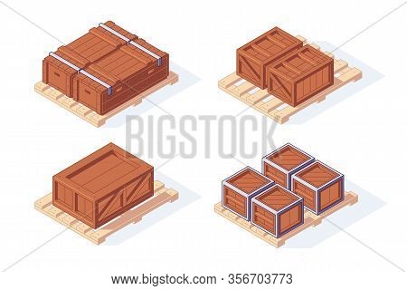 Isometric Warehouse Boxes Pallet Equipment Shelf Rack. 3d Storage Box Pallets Shelving Stacking Vect