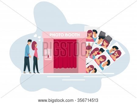 Young Family Members Waiting Their Turn To Photo Booth. Married Man And Woman Going To Do Funny Shot