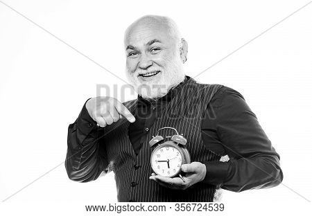 Senior Man White Beard. Senior Timekeeper. Counting Time. Time And Age Concept. Bearded Man Clock Ti