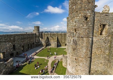 Editorial, Interior Of Harlech Castle With Tourists From Above