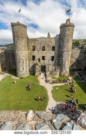 Editorial, Interior Of Harlech Castle With Towers, Gatehouse And Tourists