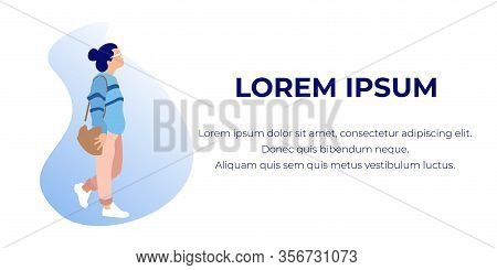 Woman On White Background In Exhibition Center. Vector Illustration . White Background And Text. Wal