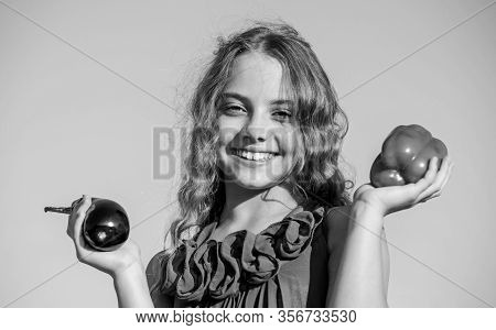 Girl Happy Smiling Child Living Healthy Life. Healthy Lifestyle. Kid Gathering Vegetables Sky Backgr