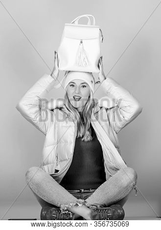 Fashion Accessory. Girl Adorable Model Showing Her Fancy Leather Backpack. Backpack Is All You Need.