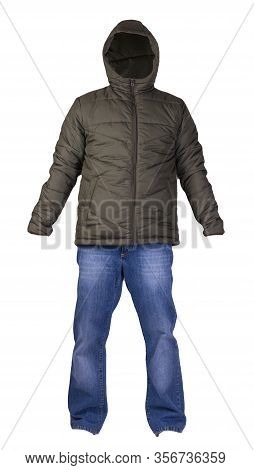 Hakki Mens Jacket And Blue Jeans Isolated On White Background.casual Clothing