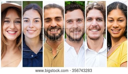 Cheerful Beautiful Men And Women Portrait Set. Smiling Young People In Casual Multiple Shot Collage.