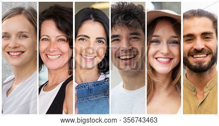 Cheerful Attractive Men And Women Portrait Set. Smiling Multiracial Mix Aged People In Casual Multip