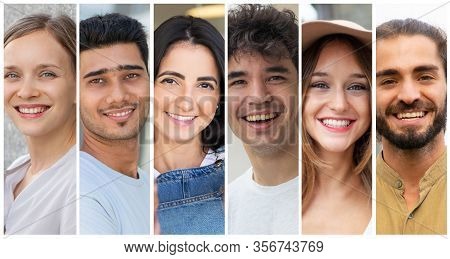 Happy Attractive Men And Women Portrait Set. Smiling Multiracial Young People In Casual Multiple Sho