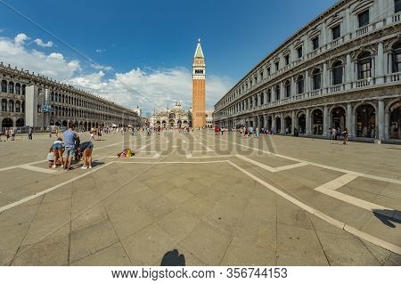 St. Mark Square, Venice, Italy - August 02, 2019: Loggetta Del Sansovino Museum, Torre Dell Orologio
