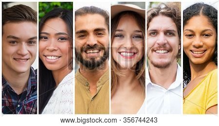Happy Joyful Young People In Casual Portrait Set. Cheerful Beautiful Men And Women Multiple Shot Col
