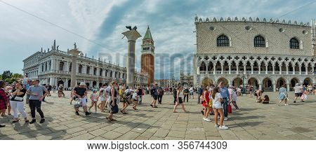 St. Mark Square, Venice, Italy - August 02, 2019: Loggetta Del Sansovino Museum, Torre Dell Orologio