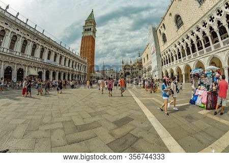 St. Mark Square, Venice, Italy - August 02, 2019: Loggetta Del Sansovino Museum, Torre Dell Orologio